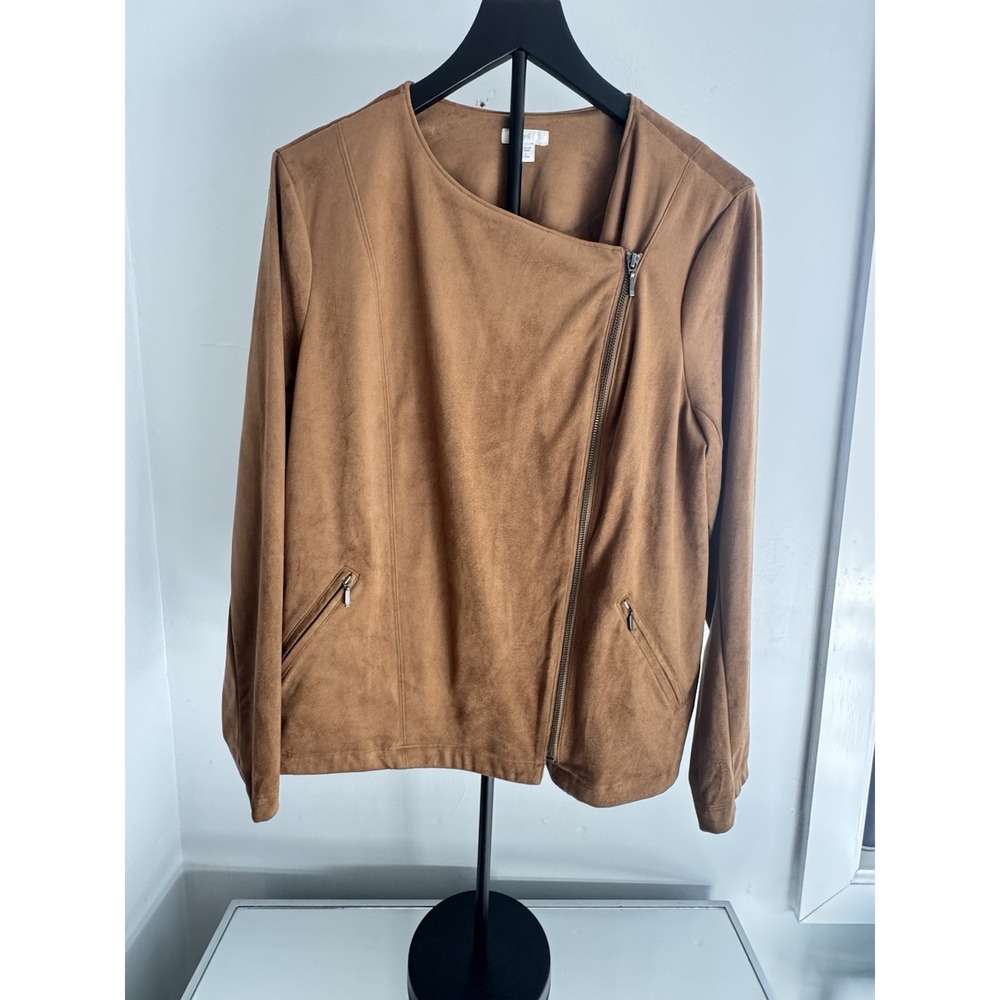 J. Jill Faux Suede‎ Asymmetrical Zip Jacket Camel Brown Petite Large RN97641